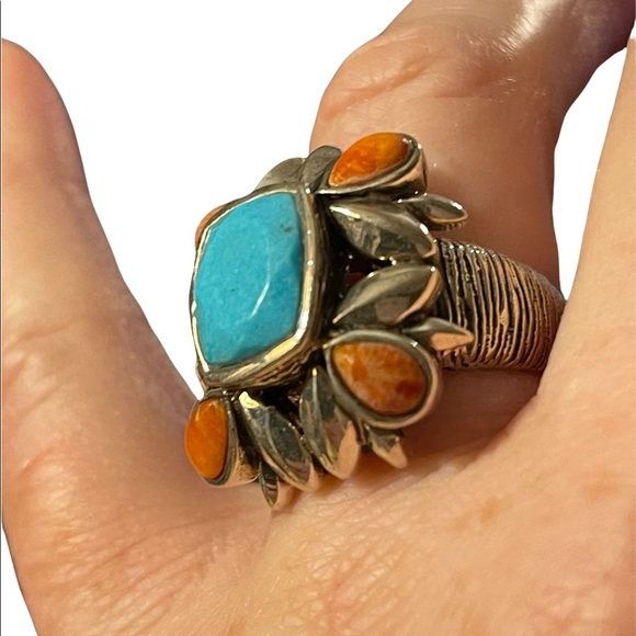 Vintage sterling silver large chunky navajo Turquoise & Spiny Oyster Ring - Picture 8 of 14